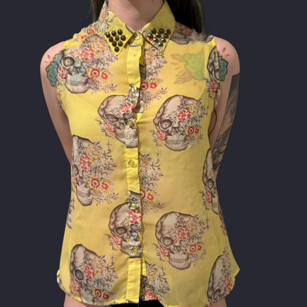 Yellow / Skull and Floral Blouse / Glam Dollz / Studded Collar / Size M